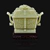 A Chinese carved pale celadon jade censer and cover, Fang Ding