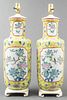Chinese Famille Jaune Rouleau Vase Lamps, Pair