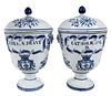 Pair Delft Blue and White Covered Armorial Urn Vases