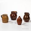 Three Redware Pitchers and a Redware Flask with Cork