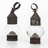 Two Similar Small Tin and Glass Hanging Oil Lanterns