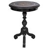 AUXILIARY TILT-TOP TABLE 20TH CENTURY Ebonized wood; circular cover with mother-of-pearl shell applications, carved shaft 29.1 x 22" (74 x 56 cm)