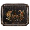 TRAY In metal, hand painted with floral motifs and fountain 22.6 x 28.5" (57.5 x 72.5 cm)