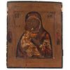 ICON VIRGIN WITH CHILD RUSSIA, 19TH CENTURY Oil on wood Conservation details, detachments 13.3 x 11" (34 x 28 cm)