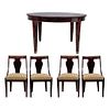 ROUND TABLE WITH CHAIRS FRANCE Ca. 1900 Mahogany veneer Table: 29.9 x 49.2" (76 x 125 cm) Chairs 35" (89 cm) tall