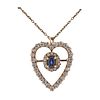Antique Victorian 14k Gold Diamond Sapphire Heart Pendant Brooch Necklace