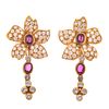 A Pair of 18K Diamond & Ruby Flower Drop Earrings