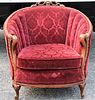 Red Velour & Carved Wooden Barrel Chair