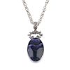 <p>A Blue John pendant Of oval section with amethyst veining, 14mm x 22mm, in silver surround hallma