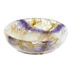 A Blue John shallow dish Of squat circular form with two bands of amethyst parallel veining, 73mm di