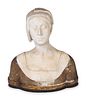 An Italian Carved Marble and Incised Wood Bust of a Woman
Height 22 x width 20 x depth 12 inches.