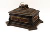 An Austrian Carved and Ebonized Wood Table Casket with a Lion
Height 11 x width 19 x depth 15 inches.