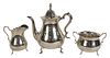 Three-Piece Sterling Silver Tea Set, hand hammered, teapot 9 inches, 50.9 t.oz.