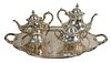 Reed and Barton Sterling Silver Four Piece Tea Set with silver plated tray, teapot, coffee pot, sugar, and creamer, 74.2 t.oz.