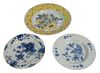 Three Delft Pieces to include a deep charger with 4 colors, along with two blue and white plates, diameters 9 1/4, 12, and 19 1/4 inches. Provenance: 