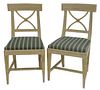 Pair of Louis XVI Side Chairs painted white with upholstered seat, height 34 inches.