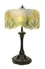Pairpoint Table Lamp having frost pleated glass shade with green reverse painted scrolling acanthus leaves on metal base, marked Pairpoint Manufacturi