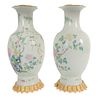 Pair of Chinese Famille Rose Vases mounted as lamps, having painted chrysanthemum and rockery, Republic Period, vase height 17 inches.