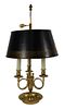 French Bouillotte Table Lamp, having 3 scrolled candle arms and tole shade, 19th Century, height 24 inches.