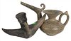 Two Ancient Grey Pottery Vessels, to include one having flared rim, long spout and handle, height 5 1/4 inches, length 9 1/2 inches; along with a horn