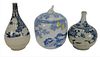 Three Japanese Porcelain Blue and White Pieces to include a pear shaped vase with painted landscape, a bottle vase with painted flowers, possibly Edo 