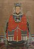 Large Chinese Ancestral Portrait seated scholar figure wearing a red robe with dove patch, oil on silk, 34" x 49".
