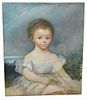 American School (19th Century), portrait of a little girl in a white dress with a blue hair ribbon and flowers in her hand, oil on relined canvas, uns