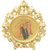 Icon on Round Painted Wood Panel, in gilt Flemish style frame, (small crack to top of panel), height 26 inches.
