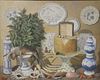 George Oakes (British, 1940 - 2017) Trompe l'oeil, Still life with blue and white porcelain, rabbit, cheese, shells, mushrooms, and fruit, oil on boar