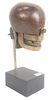 Wood and Brass Dental Articulator, modeled as a full, carved wood dentist mannequin head, heavy brass hinged jaw, with molded fixed teeth, mounted on 