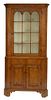 Custom Made Chippendale Style Tiger Maple Corner Cupboard, in two parts having upper portion with single glazed door on lower section with two drawers