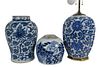 Group of Three Chinese Porcelain Blue and White Pieces to include an octagonal vase with scrolling vines and blossoming flowers, a ginger jar, and a b