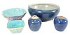 Five Piece Chinese Porcelain Group to include three Chinese blue monochromes, one footed bowl, 18th/19th century, diameter 10 inches; a pair of miniat