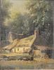 American School (19th century), oil on canvas laid on board, Cottage in the Forest with Thatched Roof, bears spurious signature lower left of John Con