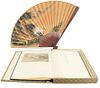Two piece Oriental group to include a book with printed scrolls, height 22 inches, width 15 inches; along with a large fan.