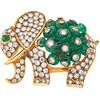 BROOCH WITH EMERALDS AND DIAMONDS IN 18K YELLOW GOLD with 18 Rondelle and cabochon cut emeralds, and 113 Brilliant cut diamonds