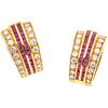 PAIR OF EARRINGS WITH RUBIES AND DIAMONDS IN 18K YELLOW GOLD with 60 square cut rubies~0.90 ct and 36 brilliant cut diamonds~1.36 ct