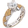 RING WITH DIAMONDS IN WHITE AND YELLOW 18K GOLD 1 antique European cut diamond ~1.50 ct and 54 brilliant cut diamonds