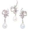 SET OF BROOCH AND PAIR OF EARRINGS WITH CULTIVATED PEARLS AND DIAMONDS IN PALLADIUM SILVER with 3 white and grey pearls, and 150 diamonds
