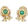 PAIR OF EARRINGS WITH EMERALDS AND DIAMONDS IN 18K YELLOW GOLD with 2 round cut emeralds ~0.70 ct and 16 diamonds, different cuts