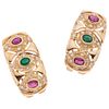 PAIR OF EARRINGS WITH RUBIES, EMERALDS & DIAMONDS IN 18K YELLOW GOLD with 4 rubies ~0.48 ct, 2 emeralds and 48 diamonds
