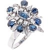 RING WITH SAPPHIRES AND DIAMONDS IN PALLADIUM SILVER with 8 marquise, pear, and oval sapphires ~1.70 ct and 17 diamonds ~0.30 ct. Size: 9