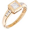 RING WITH DIAMONDS IN 14K YELLOW GOLD 1 princess cut diamond ~0.30 ct and 6 brilliant cut diamonds ~0.07 ct. Size: 5 ¾