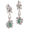 PAIR OF EARRINGS WITH EMERALDS AND DIAMONDS IN PALLADIUM SILVER with 2 pear cut emeralds ~0.70 ct and 43 8x8 cut diamonds ~0.43 ct