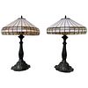 Tiffany Style Table Lamps in Bronze & Stained Glass