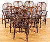 Ten English oak and yewwood dining chairs