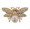 18K Gold Diamond Pearl Ruby  Insect Brooch Pin