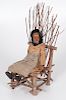 Wooden Carved Doll and Miniature Twig Chair 