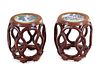 A Pair of Chinese Famille Rose Porcelain Inset Hardwood Stools