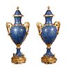 A Pair of Monumental Louis XV Style Gilt Bronze Mounted Lapis Lazuli Veneered Urns